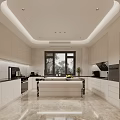 Modern Spacious Kitchen Interior With Light Cabinets Island And Glass Door Refrigerator