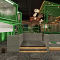 Tropical Modern Restaurant Interior Featuring Green Chairs Tables Moon Lights Thatched Umbrellas Indoor Plants