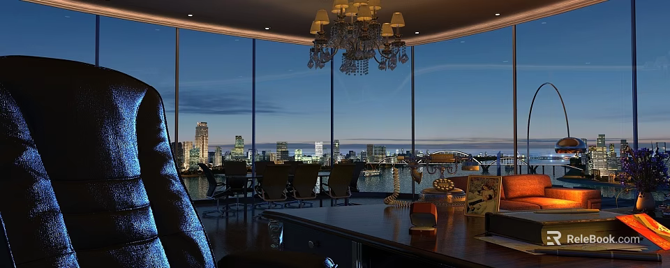 Modern Bar Interior With Large Windows City Skyline View And Chandelier Seating 3d model 
