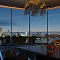 Modern Bar Interior With Large Windows City Skyline View And Chandelier Seating