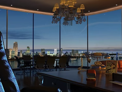 Modern Bar Interior With Large Windows City Skyline View And Chandelier Seating 3d model