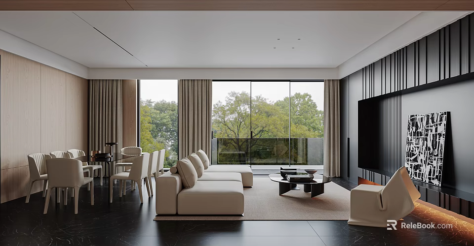 Modern Living Dining Room Interior With Beige Sofa Coffee Table Dining Chairs Large Windows Trees 3d model 