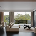 Modern Living Dining Room Interior With Beige Sofa Coffee Table Dining Chairs Large Windows Trees