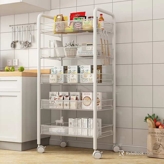 Practical Kitchen Storage Shelf With Movable Wheels Food Containers Fresh Fruits And Hanging Utensils 3d model 