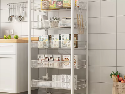 Practical Kitchen Storage Shelf With Movable Wheels Food Containers Fresh Fruits And Hanging Utensils 3d model