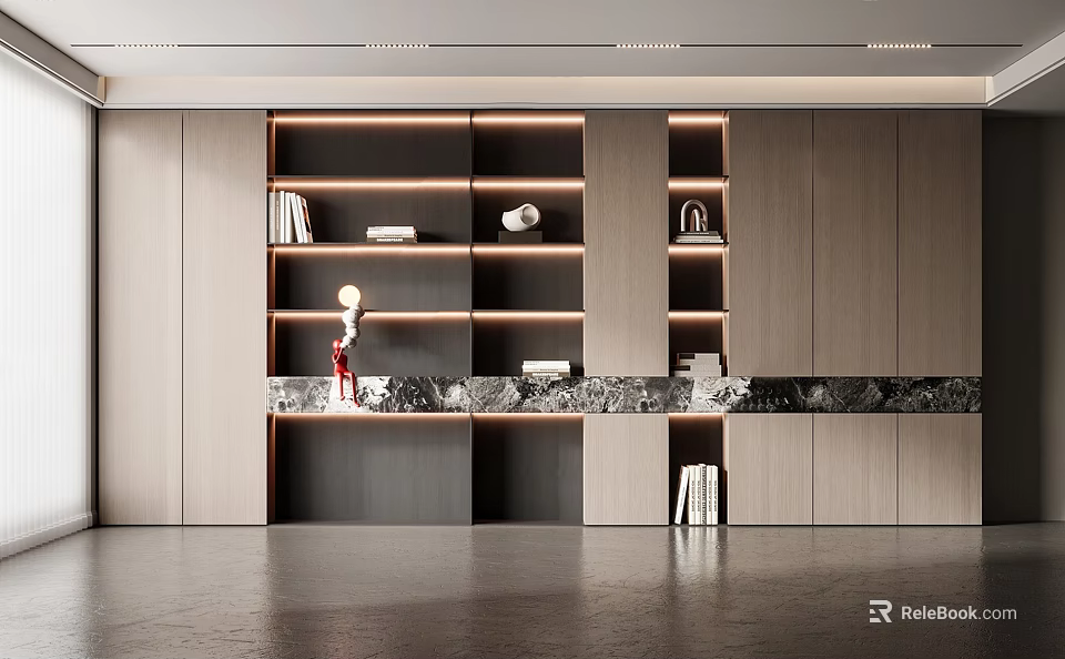 Sleek Modern Bookcase Design With LED Strip Lighting Wooden Structure And Marble Accent 3d model 
