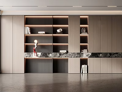 Sleek Modern Bookcase Design With LED Strip Lighting Wooden Structure And Marble Accent 3d model