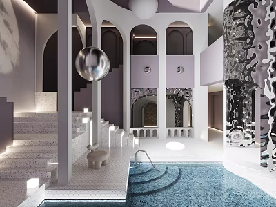 Luxury Entertainment Room Interior Design With Pool Staircase Arched Structures And Sphere Decorations 3d model