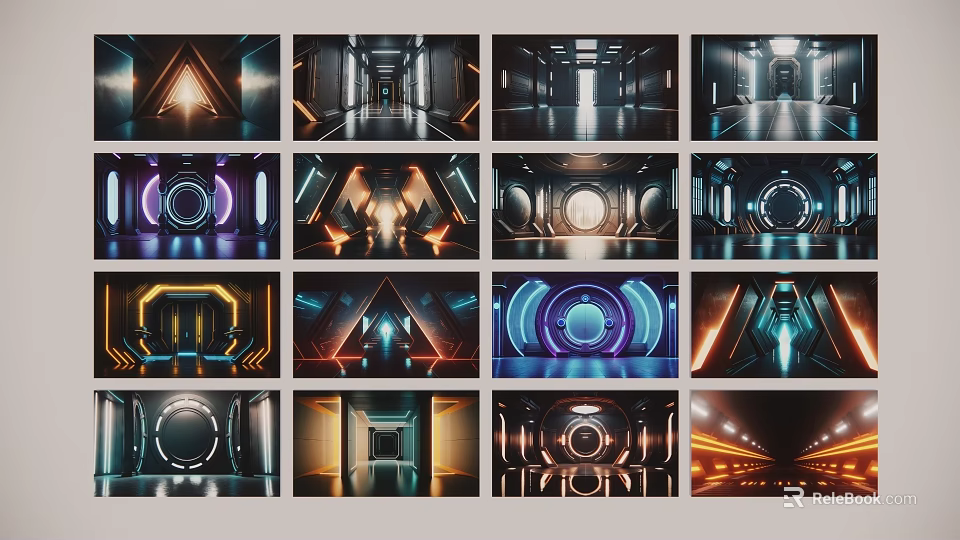 Futuristic Sci-Fi Wall Design Featuring Illuminated Geometric Shapes Neon Lights And Structural Elements 3d model