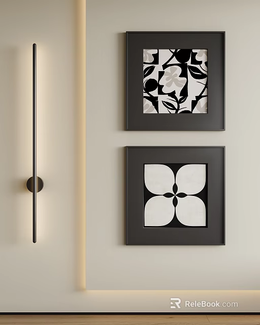 Abstract Paintings With Black Frames And White Decorative Patterns Hanging On Wall 3d model