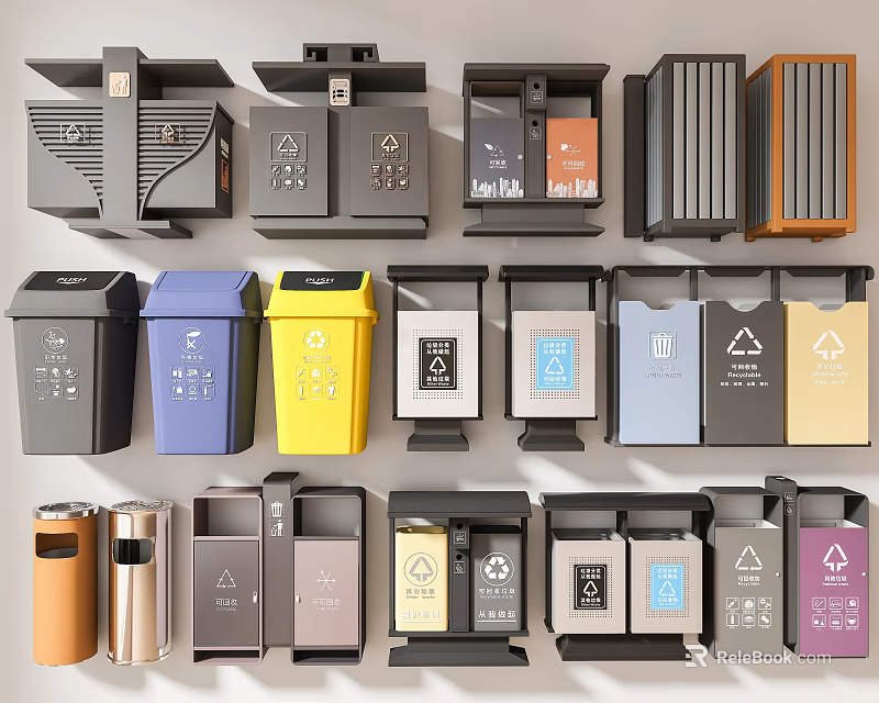 Public Recycling Bins As Essential Public Facilities With Various Colors And Labels 3d model 