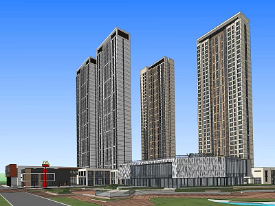 Modern High Rise Building Complex With Glass Facades Surrounding Roads And Green Areas 3d model