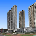 Modern High Rise Building Complex With Glass Facades Surrounding Roads And Green Areas