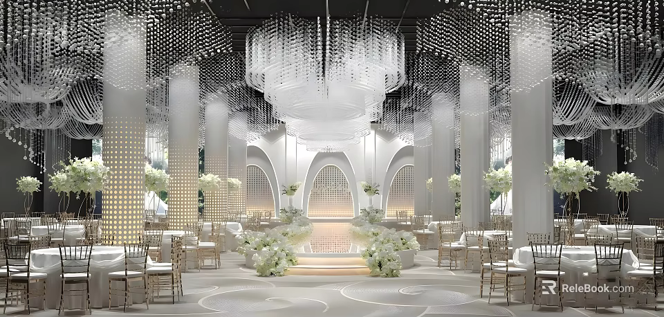 Elegant Banquet Hall With Crystal Chandeliers White Columns Arched Doorways And Floral Decorations 3d model 