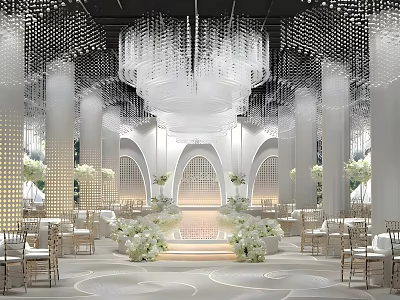 Elegant Banquet Hall With Crystal Chandeliers White Columns Arched Doorways And Floral Decorations 3d model