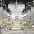 Elegant Banquet Hall With Crystal Chandeliers White Columns Arched Doorways And Floral Decorations