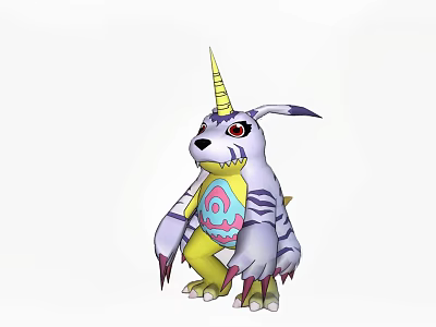 Cute Unicorn Rabbit Stuffed Doll With Blue White Stripes Colorful Belly Pattern And Yellow Paws 3d model