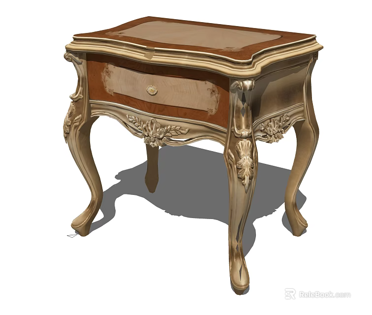 Elegant European Style Bedside Table With Carved Details Golden Legs And Brown Top 3d model 