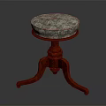 Traditional Red Wooden Stool With Round Patterned Seat And Carved Legs