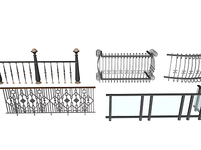 Various Ornate Iron Railings With Decorative Patterns And Glass Panel Designs 3d model