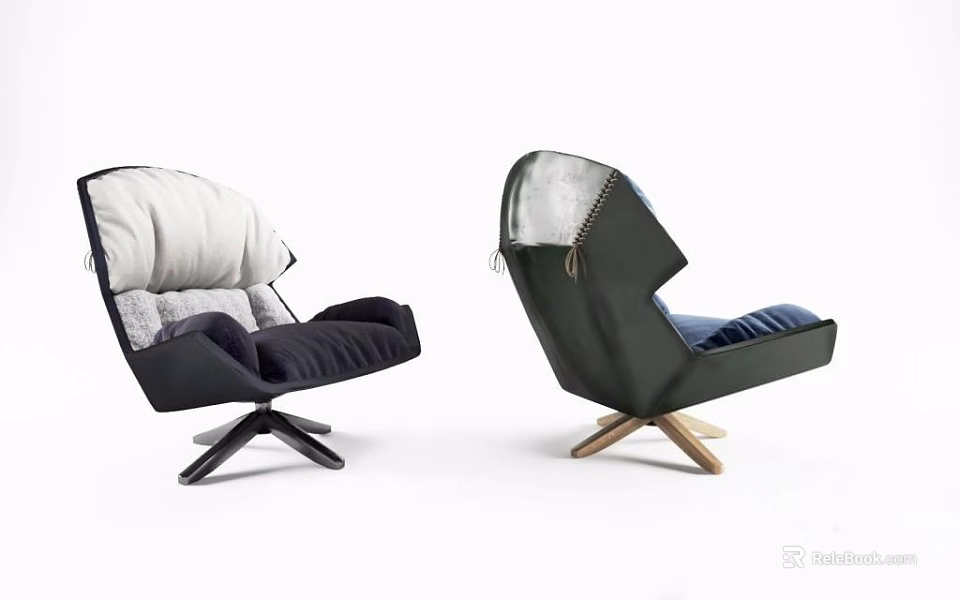 Contemporary Leisure Chairs In Black And Green With Plush Cushions Swivel Base And Wooden Legs 3d model 