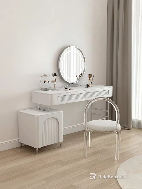 Elegant White Dressing Table With Round Mirror Transparent Chair Side Cabinet And Cosmetics 3d model 