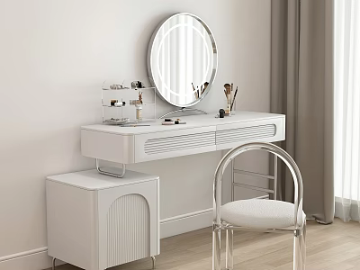 Elegant White Dressing Table With Round Mirror Transparent Chair Side Cabinet And Cosmetics 3d model