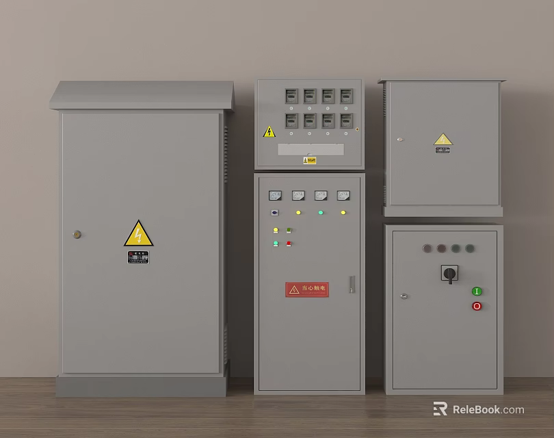Industrial Electrical Control Cabinets With Gray Enclosures Warning Signs And Control Buttons 3d model 