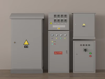 Industrial Electrical Control Cabinets With Gray Enclosures Warning Signs And Control Buttons 3d model