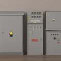 Industrial Electrical Control Cabinets With Gray Enclosures Warning Signs And Control Buttons