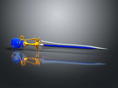 Fantasy Decorative Sword with Blue Gemstone Gold Accents Silver Blade and Blue Striped Design 3d model