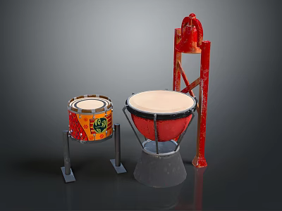 Colorful Drums and Red Easel on Dark Background as Musical Instruments and Art Supplies 3d model