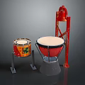 Colorful Drums and Red Easel on Dark Background as Musical Instruments and Art Supplies