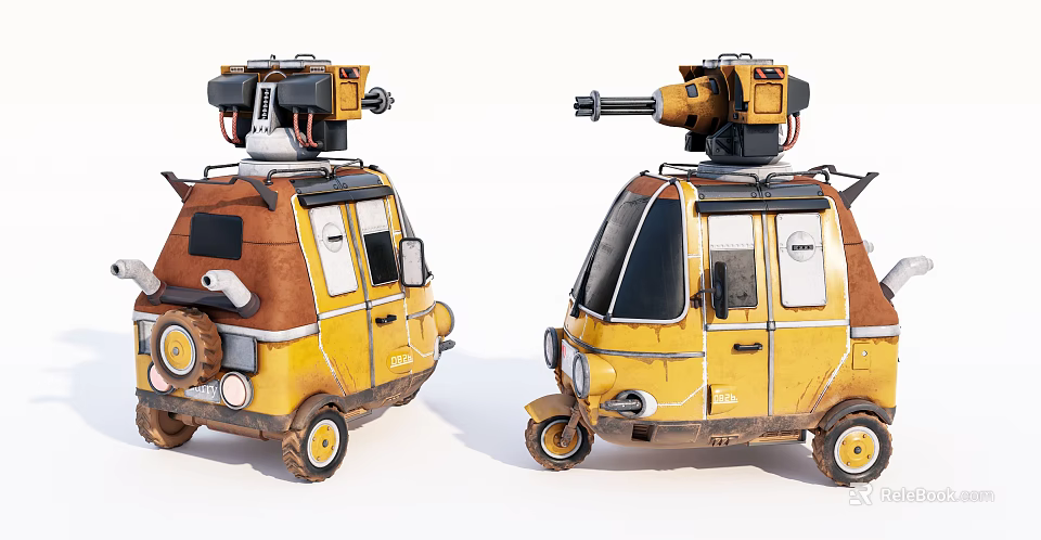 Yellow Mechanical Tricycle with Top Mounted Devices and Vintage Design 3d model 