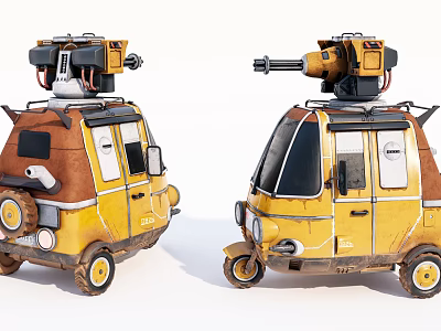 Yellow Mechanical Tricycle with Top Mounted Devices and Vintage Design 3d model