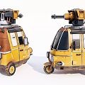 Yellow Mechanical Tricycle with Top Mounted Devices and Vintage Design
