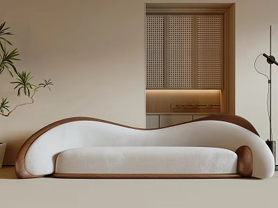 Elegant Modern Sectional Sofa In White And Brown With Indoor Plants And Floor Lamp 3d model