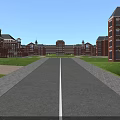 School Building Complex With Red Brick Clock Tower Green Lawn And Scenic Pathway 3d model