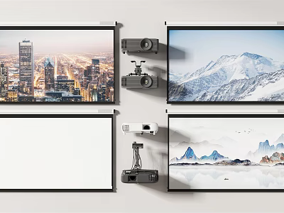 Projection Monitoring System With Projectors And Projection Screens Displaying Cityscape Mountain And Ink Paintings 3d model