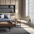 Modern Bedroom Interior With Wooden Wall Paneling Blue Bedding And Bench At Foot Of Bed