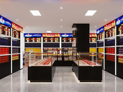 Tobacco and Liquor Store Interior with Organized Shelves Glass Display Counters and Product Displays 3d model