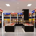 Tobacco and Liquor Store Interior with Organized Shelves Glass Display Counters and Product Displays