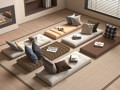 Japanese Style Living Room With Tatami Floor Cushions Throw Pillows And Fireplace 3d model