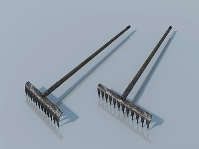 Two Rusty Metal Rakes With Long Handles On Light Blue Background 3d model
