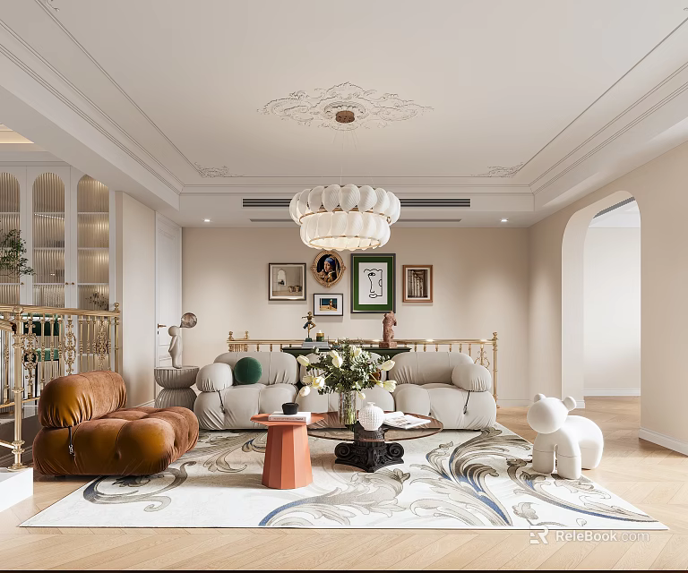 Elegant Living Room Interior With Chandelier Sofa Coffee Table And Artwork 3d model