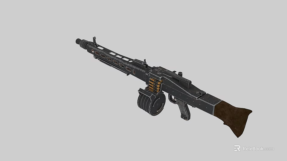 Vintage Machine Gun With Wooden Stock Metal Body And Drum Magazine 3d model 