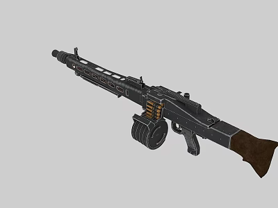 Vintage Machine Gun With Wooden Stock Metal Body And Drum Magazine 3d model