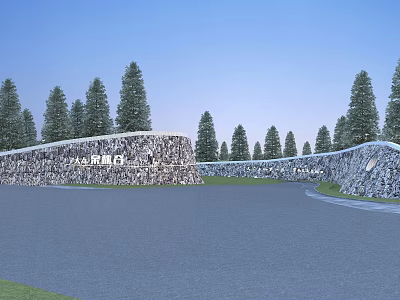 Natural Stone Scenic Wall in Outdoor Landscape Surrounded by Tall Green Trees 3d model