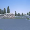 Natural Stone Scenic Wall in Outdoor Landscape Surrounded by Tall Green Trees