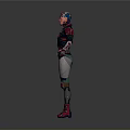 3D Virtual Character With Helmet Red Black Top Green Pants Gloves And Boots Standing Pose